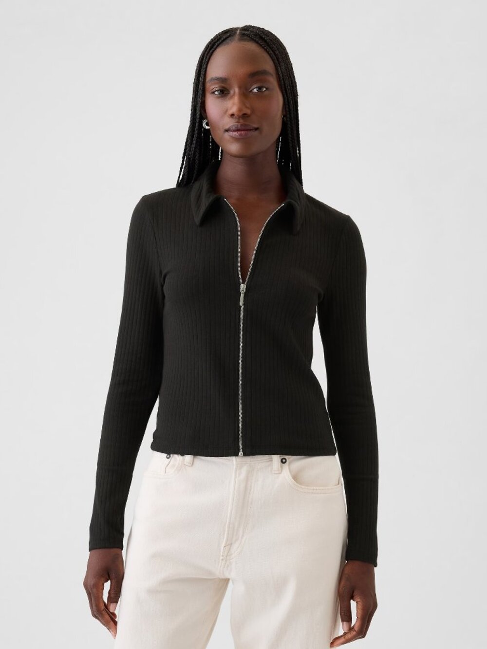 Gap Modern Rib Zipper Shirt Black Knit Collar Cropped Twee Minimalist Goth Sz M
